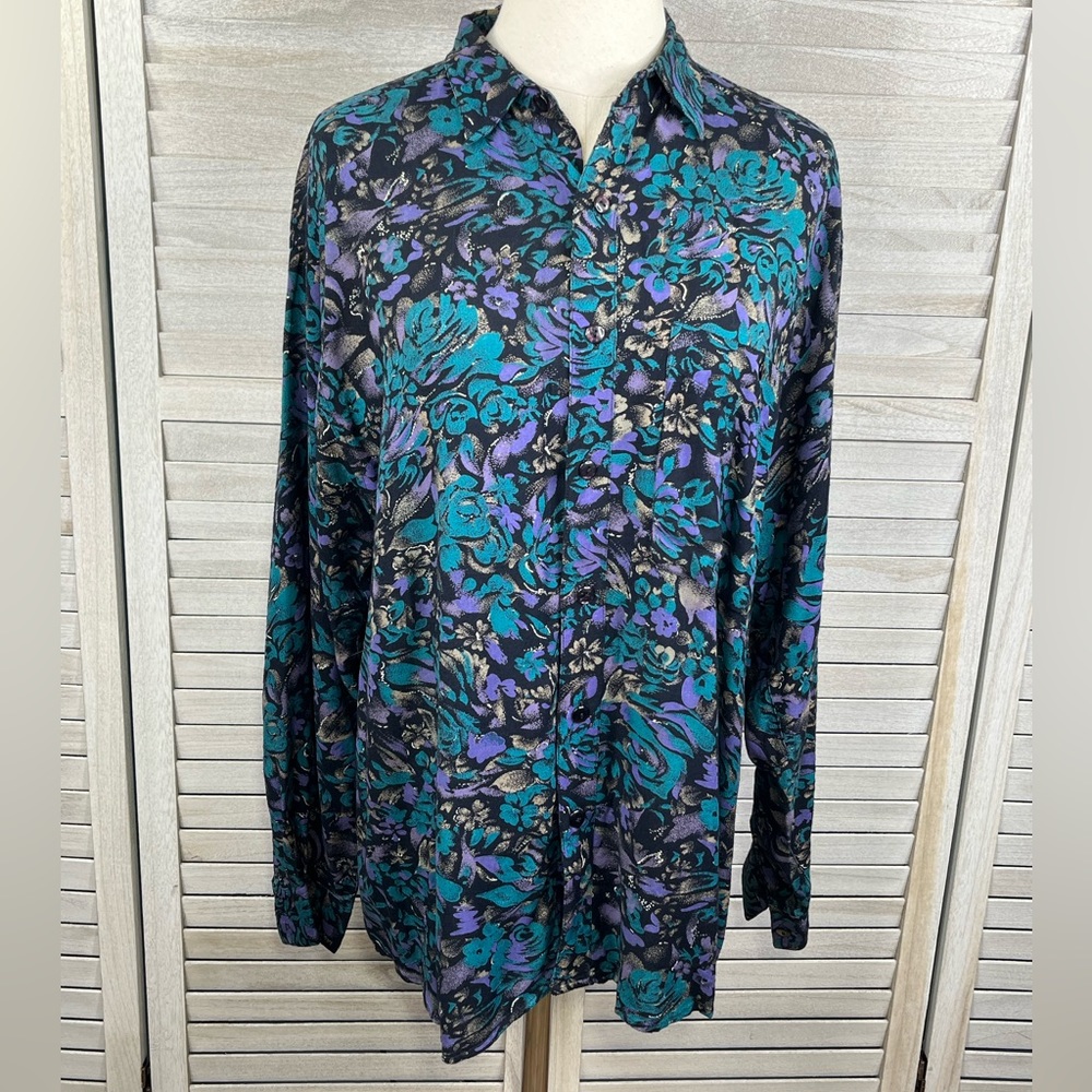 SHAH SAFARI Men's Vintage 80's Button Down Shirt Black Floral Print-Medium